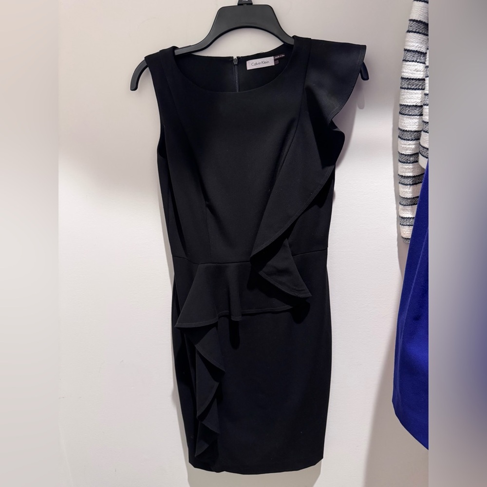 Calvin Klein Dress Black Ruffle Sheath Midi Dress business